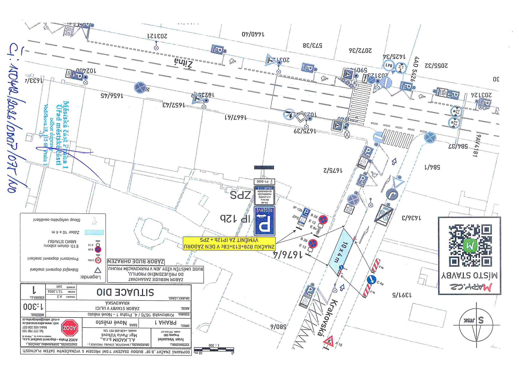 Situační nákres dopravního značení a záboru veřejného prostranství v ulici Krakovská v Praze.