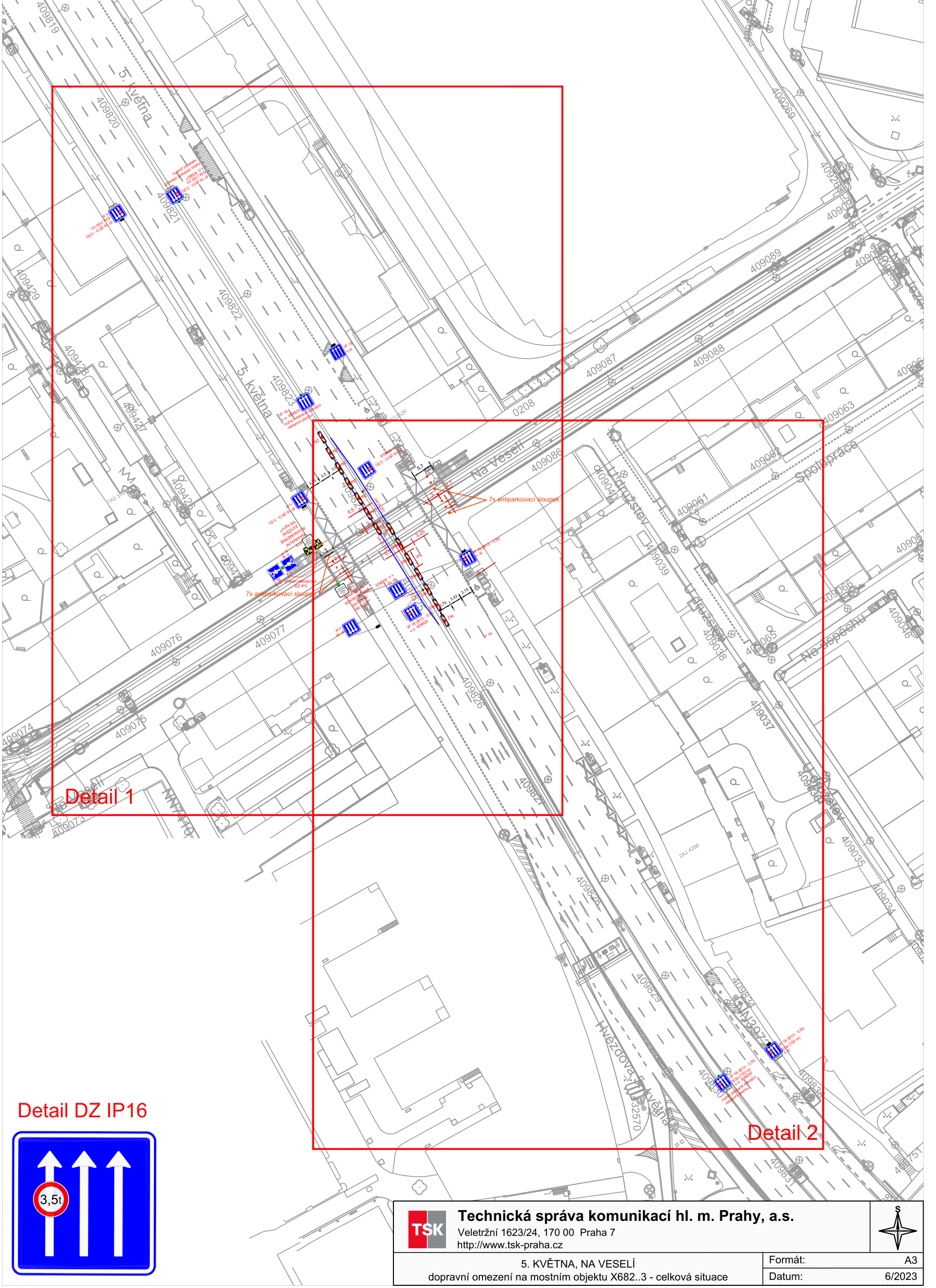 Situační nákres dopravního omezení na mostním objektu X682..3 v Praze. Zobrazeny ulice 5. května a Na Veselí. Vyznačeny detaily dopravního značení (Detail 1, Detail 2) a značka IP16 s omezením 3,5t. Dokument vydala Technická správa komunikací hl. m. Prahy, a.s., Veletržní 1623/24, 170 00 Praha 7, datum 6/2023.