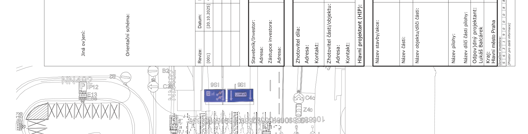 Technický výkres (situační plán) obsahující tabulku s informacemi o projektu: Odpovědný projektant: Lukáš Balcárek, Kraj: Hlavní město Praha, Datum: 20.10.2025, Revize: 001. Ve výkresu jsou patrné dopravní značky (např. IP12, IS6, C4c, Z4c) a označení NN482.