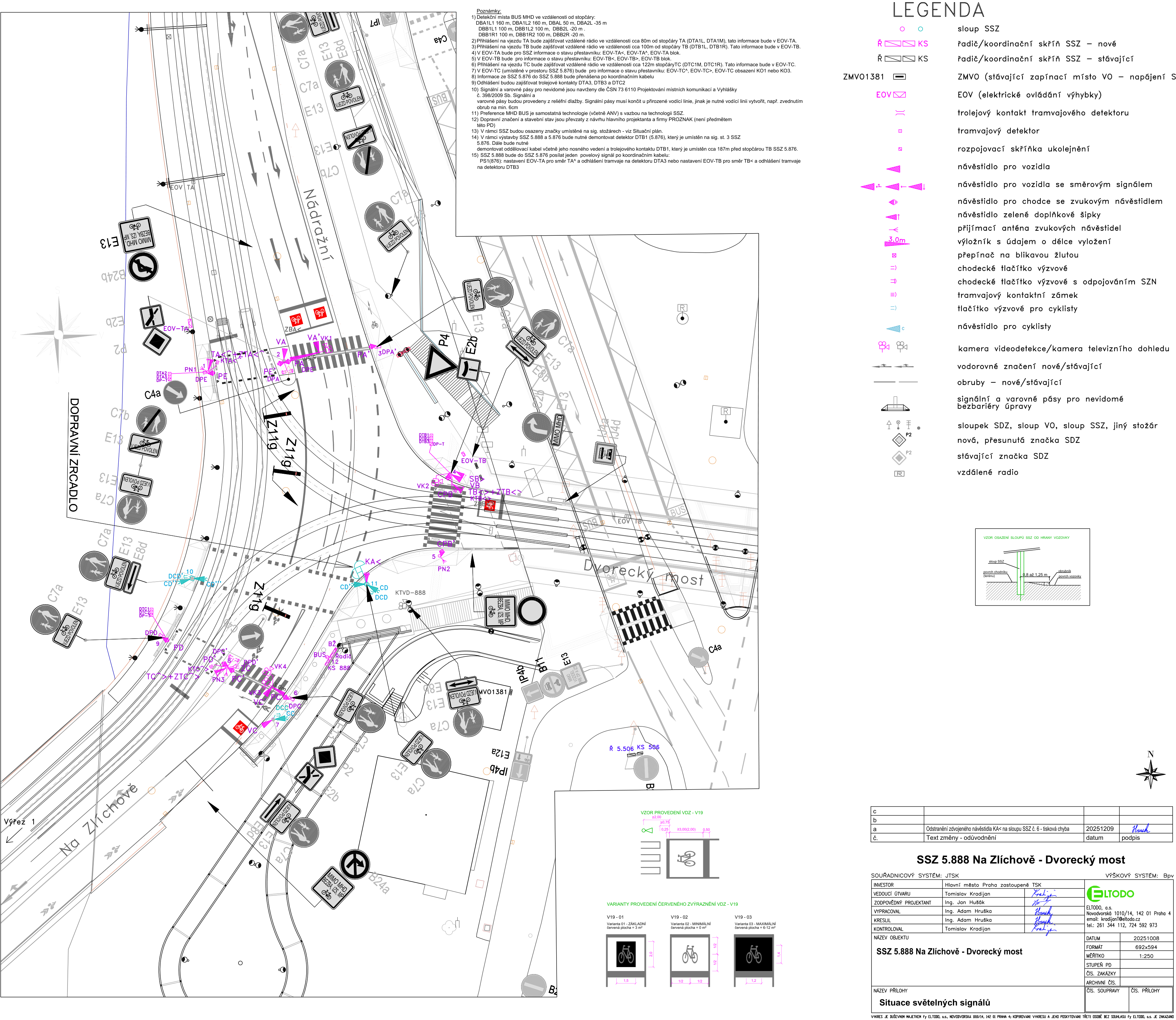 Situační nákres světelné signalizace (SSZ) na křižovatce ulic Nádražní a Na Zlíchově u Dvoreckého mostu.