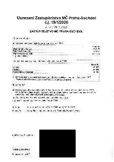 Usnesení Zastupitelstva MČ Praha-Suchdol č.j. 18/1/2026 ze dne 29. 1. 2026. 1) Schvaluje: a) rozpočet městské části Praha-Suchdol na rok 2026: objem příjmů 83…