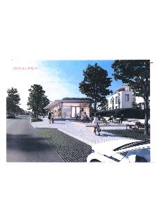 Vizualizace projektu: architektonický návrh moderní prosklené budovy s plochou střechou, pravděpodobně komerčního nebo společenského charakteru, zasazené do ve…