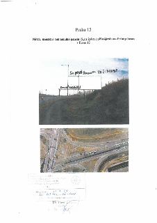 Praha 15, Návrh umístění reklamního panelu (5,1 x 2,4 m) při nájezdu na Průmyslovou v Praze 15. Obsahuje fotografii místa s ručně psanými poznámkami ('5m před…