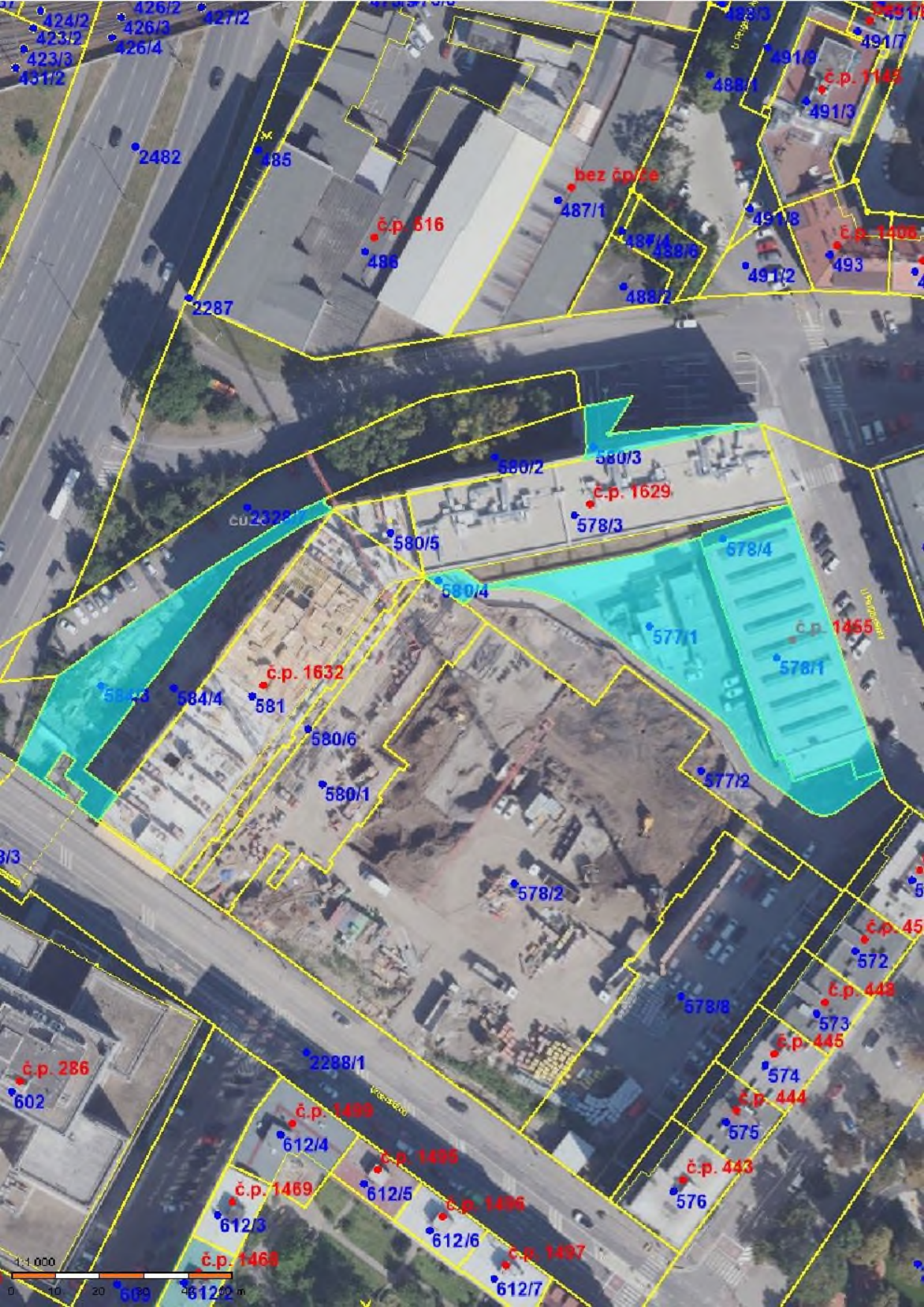 Katastrální mapa s ortofotomapou zobrazující pozemky a budovy. Identifikovaná čísla parcel a budov (č.p.): 424/2, 423/2, 423/3, 431/2, 426/2, 426/3, 426/4, 427/2, 2482, 485, 486 (č.p. 516), 487/1, 487/4, 488/6, 488/2, 488/1, 491/9, 491/7, 491/3, 491/8, 491/2, 493, 2287, 2328, 580/2, 580/3 (č.p. 1629), 578/3, 580/5, 580/4, 577/1, 678/4, 578/1 (č.p. 1455), 584/3, 584/4, 581 (č.p. 1632), 580/6, 580/1, 578/2, 577/2, 578/8, 602 (č.p. 286), 2288/1, 612/4 (č.p. 1499), 612/5 (č.p. 1495), 612/6 (č.p. 1496), 612/7 (č.p. 1497), 612/3 (č.p. 1469), 612/2 (č.p. 1468), 576 (č.p. 443), 575 (č.p. 444), 574 (č.p. 445), 573, 572 (č.p. 45). Mapa obsahuje měřítko 1:1000.