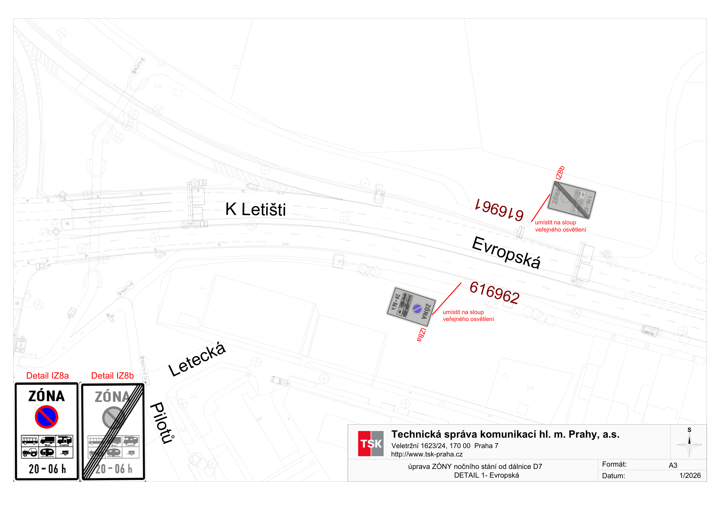 Situační nákres dopravního značení pro úpravu zóny nočního stání v ulici Evropská.
