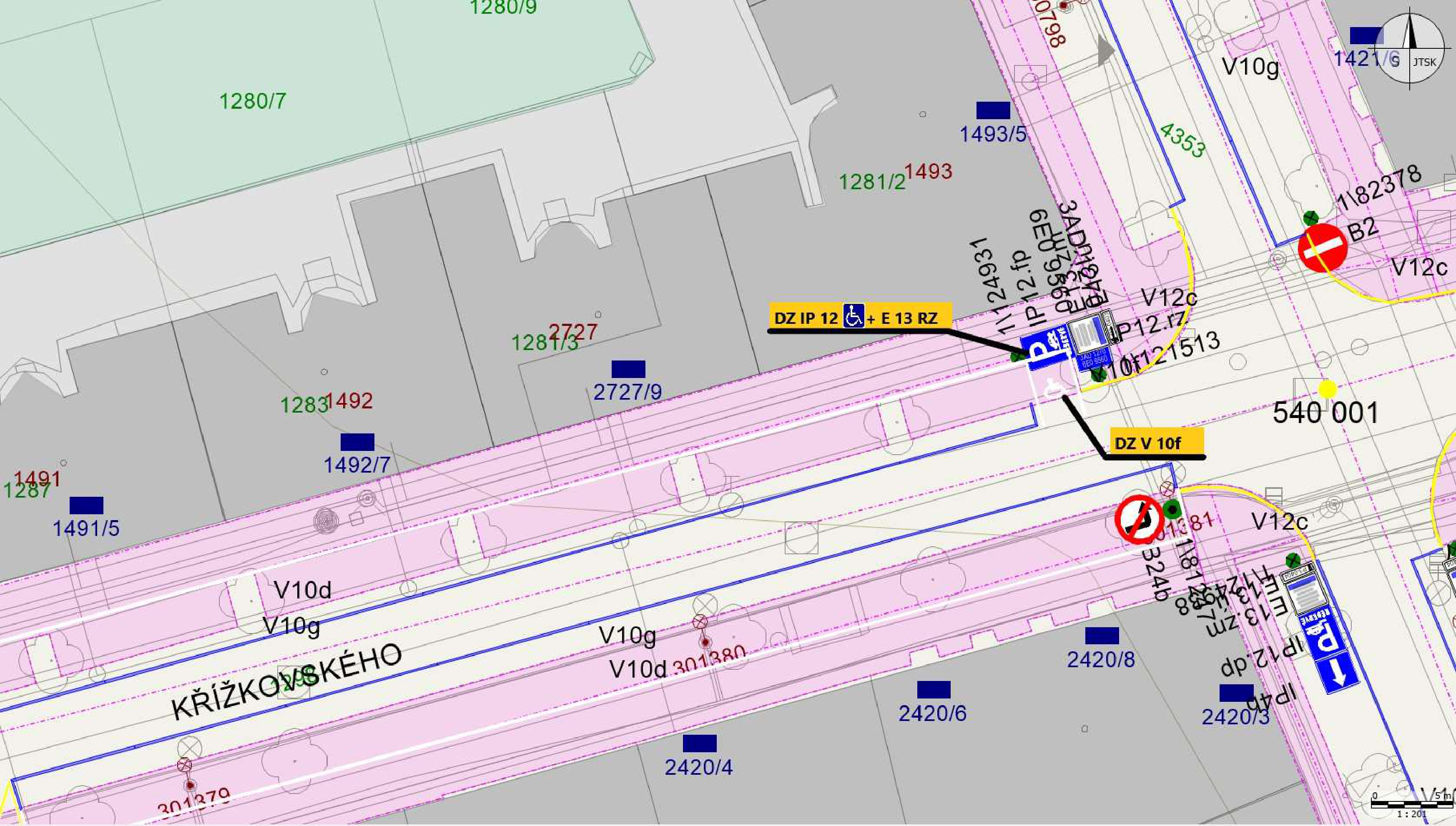 Situační nákres dopravního značení na ulici Křížkovského.