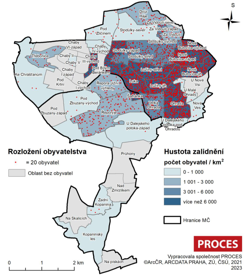 Tematická mapa hustoty zalidnění a rozmístění obyvatelstva v městské části Praha 13.