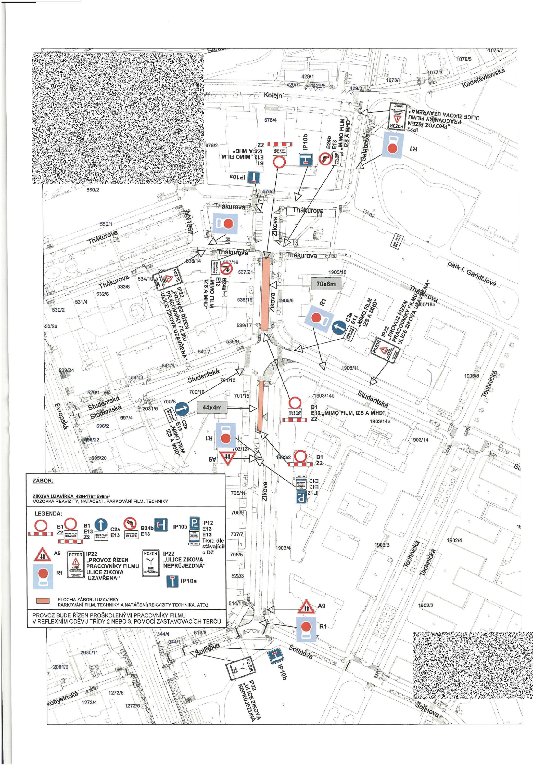 Situační nákres dopravního značení a uzavírky ulice Zikova v Praze.