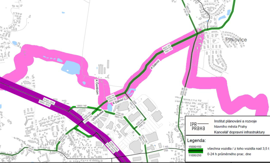 Mapa intenzity dopravy v oblasti Pitkovic a okolí ulice K Dálnici. Legenda uvádí: 'Institut plánování a rozvoje hlavního města Prahy, Kancelář dopravní infrastruktury'. Legenda k číselným údajům u cest: '15000/150' (všechna vozidla / z toho vozidla nad 3,5 t), '11000/250' (0-24 h průměrného prac. dne). V mapě jsou vyznačeny ulice: K Dálnici, K Čestlicům, Uhříněveská. Uvedené hodnoty intenzity dopravy v mapě: 51400/2690, 52600/2630, 12600/140, 4700/170, 13400/110, 6300/70, 5500/50, 40800/2700, 43100/2620, 4800/60, 5200/70, 4600/180, 7100/80, 5900/70, 1800/10, 2000, 4300/90, 4500/90, 4800/180, 3500/170, 8000/80, 7500/50, 3800/80, 4100/80, 2000/80, 3000/90, 2100/40, 2400/50, 700, 1700.