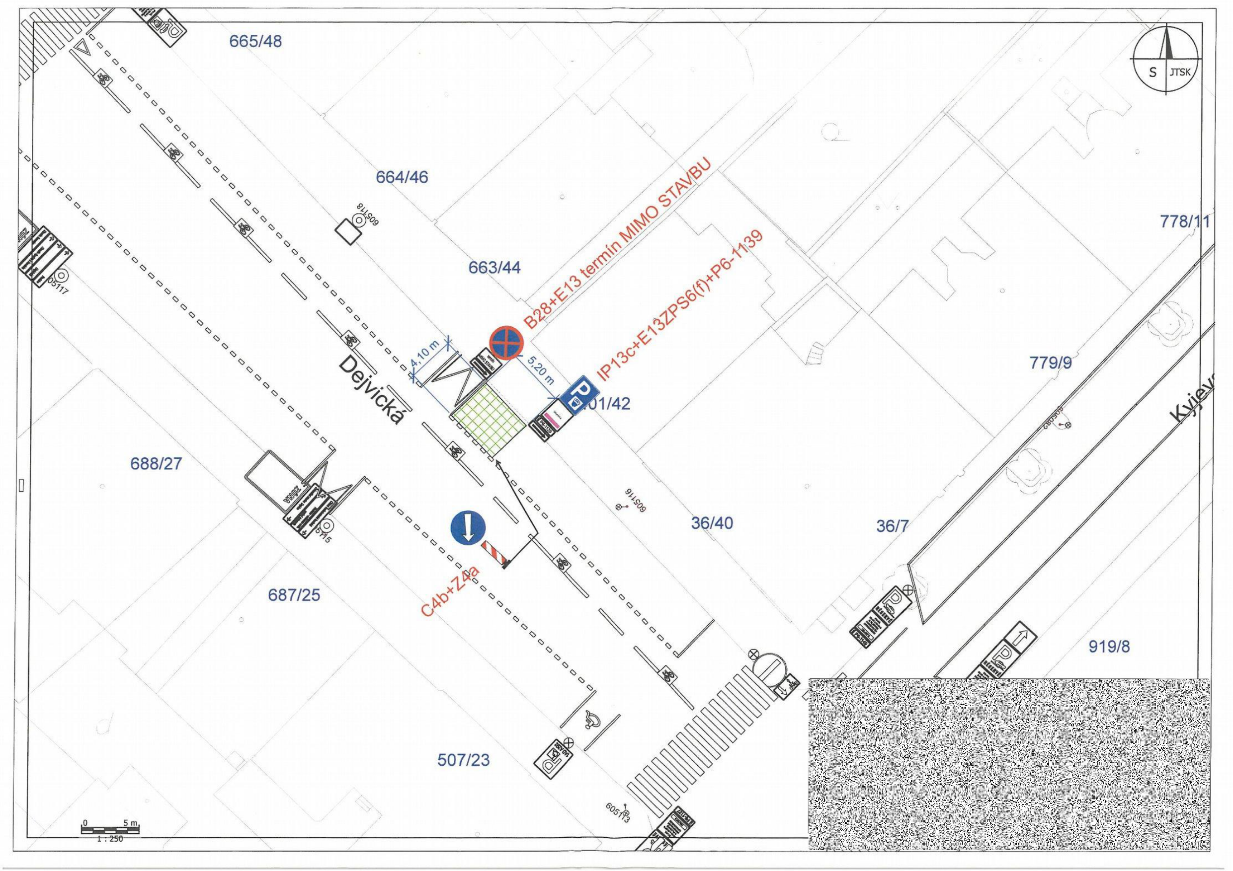 Situační nákres dopravního značení v ulici Dejvická.