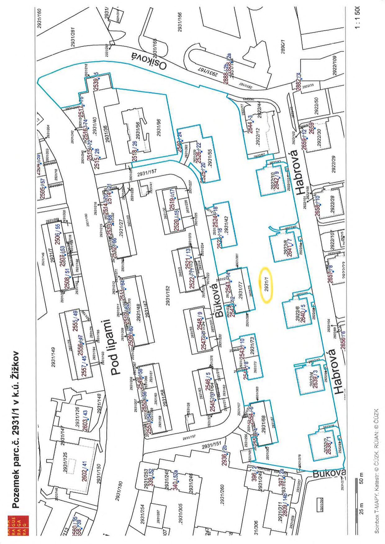 ```json
{
  "relevant": true,
  "description": "Katastrální mapa zobrazující pozemky v k.ú. Žižkov, konkrétně oblast ulic Pod lipami, Buková a Habrová. Zvýrazněn je pozemek parc. č. 2931/1. Mapa obsahuje čísla parcel (např. 2931/126, 2931/149, 2931/152, 2931/157, 2931/160, 2931/165, 2931/166, 2931/167, 2931/180, 2931/200, 2931/203, 2931/204, 2931/208, 2931/209, 2931/210, 2931/211, 2931/212, 2931/215, 2931/216, 2931/218, 2931/220, 2931/221, 2931/222, 2931/223, 2931/224, 2931/225, 2931/226, 2931/227, 2931/228, 2931/229, 2931/230, 2931/240, 2931/242, 2931/246, 2931/254, 2931/257, 2931/258, 2931/260, 2931/276, 2931/279, 2931/281, 2931/293, 2931/294, 2931/295, 2931/296, 2931/305, 2931/306, 2931/308, 2931/311, 2931/329, 2931/375, 2931/376, 2931/377, 2931/378, 2931/379, 2931/380, 2931/381, 2931/383, 2931/385, 2931/386, 2931/387, 2931/388, 2931/397, 2931/40, 2931/42, 2931/43, 2931/44, 2931/45, 2931/46, 2931/47, 2931/48, 2931/49, 2931/5, 2931/50, 2931/51, 2931/52, 2931/55, 2931/56, 2931/57, 2931/58, 2931/59, 2931/60, 2931/64, 2931/65, 2931/66, 2931/67, 2931/68, 2931/7, 2931/70, 2931/72, 2931/73, 2931/74, 2931/77, 2931/78, 2931/8, 2931/80, 2931/81, 2931/93, 2931/94, 2931/95, 2931/96, 2931/98) a čísla popisná budov (např. 2505, 2506, 2507, 2508, 2509, 2510, 2513, 2514, 2515, 2516, 2518, 2519, 2520, 2521, 2522, 2523, 2524, 2525, 2526, 2540, 2541, 2542, 2543, 2544, 2545, 2546, 2547, 2548, 2549, 2550, 2551, 2552, 2553, 2554, 2555, 2556, 2557, 2558, 2559, 2560, 2602, 2603, 2638, 2639, 2640, 2641, 2642, 2644, 2656, 2657, 2658, 2659, 2809, 2888, 2922). Měřítko 1:1 500, legenda obsahuje informaci o měřítku 25 m a 50 m.", "rotation": 0}
}
```