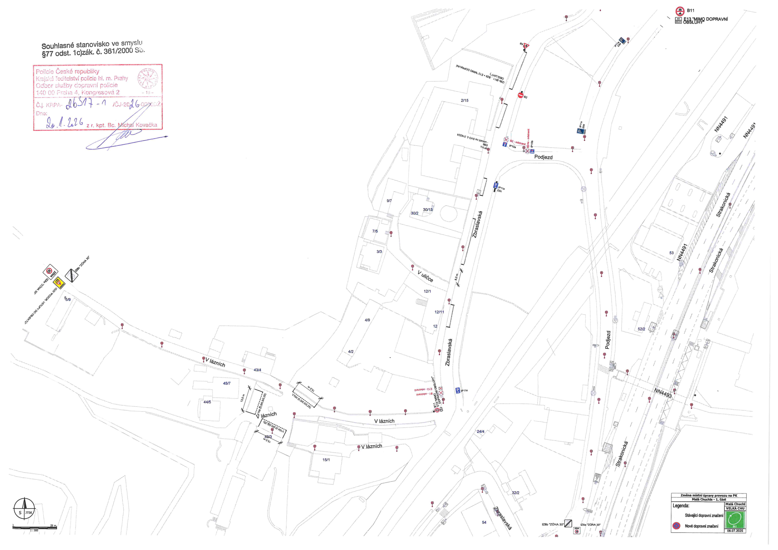 Situační nákres dopravního značení v obci Malá Chuchle.