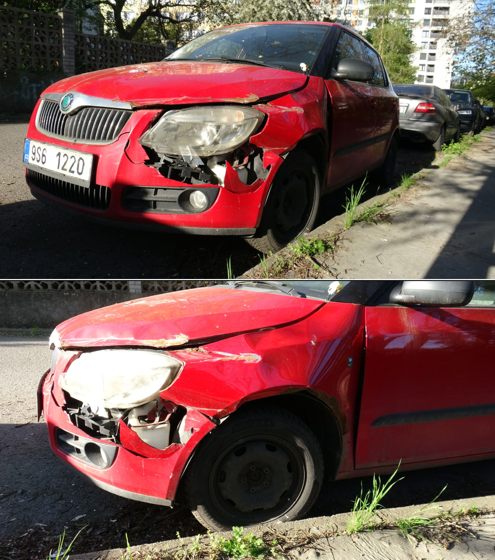 Fotografie poškozeného červeného osobního automobilu značky Škoda (pravděpodobně model Fabia) s českou registrační značkou 9S6 1220. Vozidlo má viditelně poškozenou přední část na straně řidiče, včetně nárazníku, světlometu a blatníku.