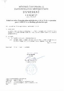 Usnesení Zastupitelstva městské části Praha 12 č. Z-20-007-17 ze dne 27.6.2017. Předmět: Podnět na změnu Územního plánu sídelního útvaru hl. m. Prahy na pozemk…