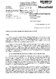 Oficiální dopis společnosti Mountfield a.s. adresovaný Magistrátu hlavního města Prahy, odboru evropských fondů, ze dne 19. 11. 2014. Předmětem dopisu jsou 'Ná…