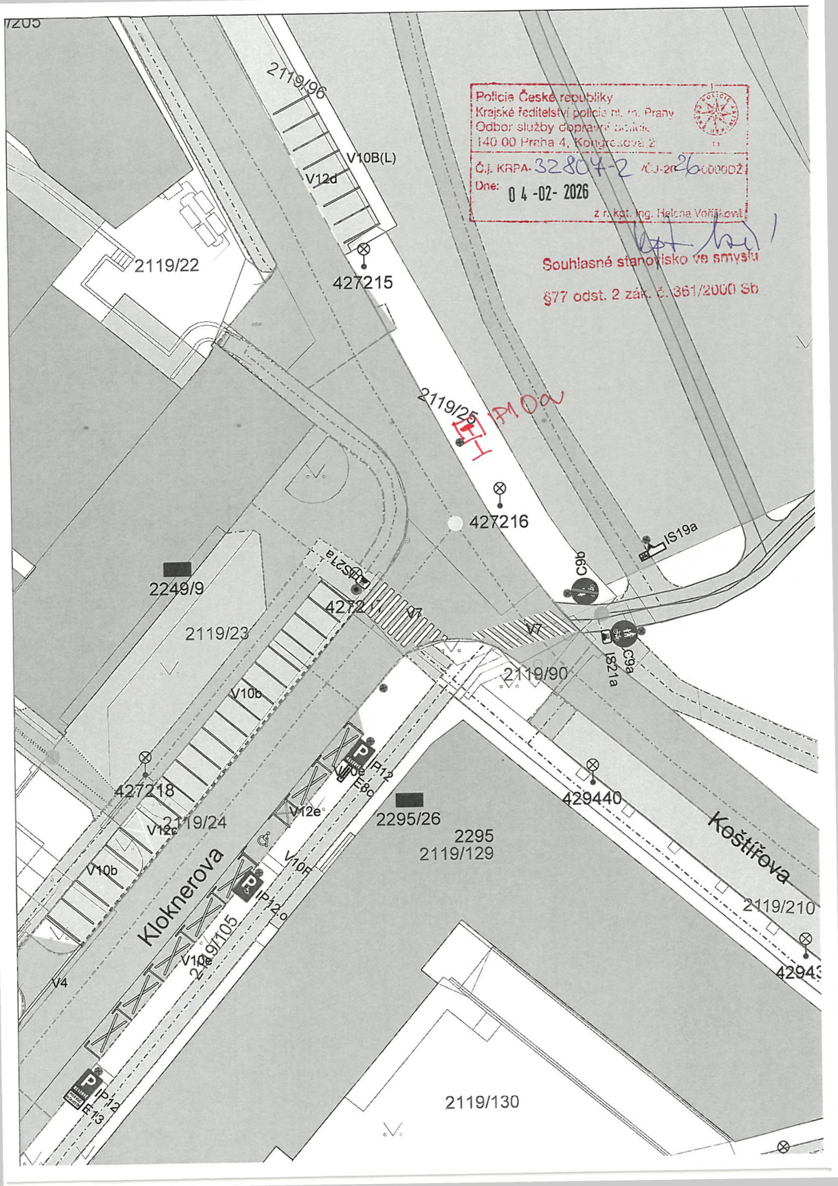 Dopravně-inženýrské situační schéma umístění dopravního značení v ulicích Kloknerova a Koštířova.
