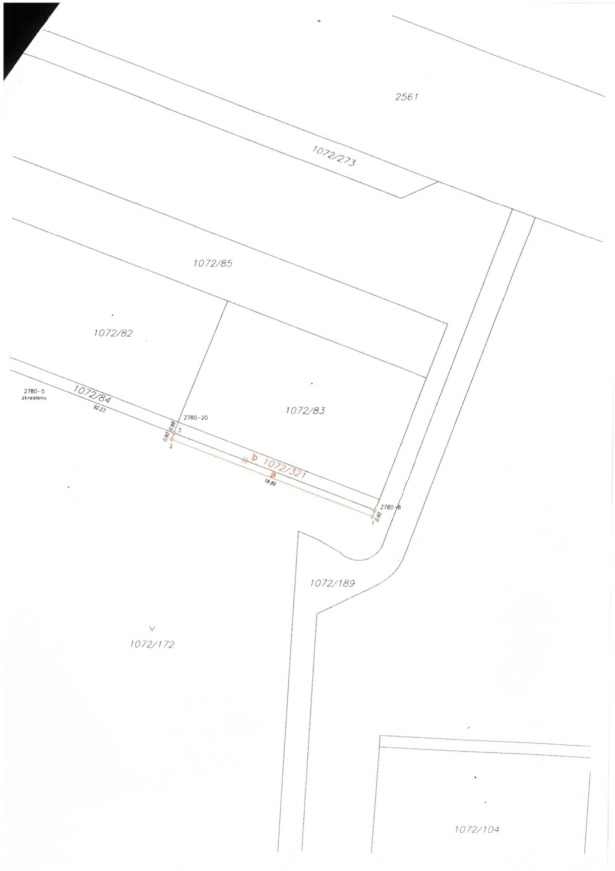Výřez katastrální mapy se zvýrazněním parcely č. 1072/321.