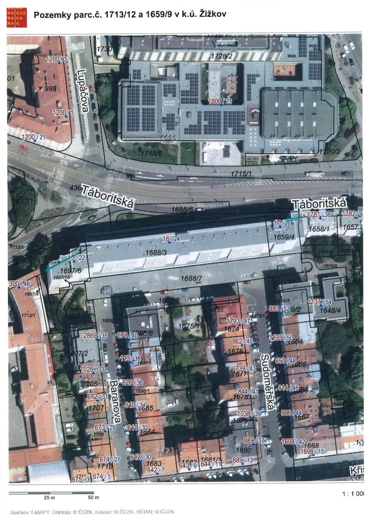 Mapa katastrálního území Žižkov zobrazující parcely č. 1713/12 a 1659/9. Mapa obsahuje ortofotomapu s vyznačenými hranicemi parcel a čísly popisnými/evidenčními budov a pozemků (např. 1200/3, 1728/2, 1000/23, 1715/6, 1715/1, 1688/6, 1688/3, 1688/7, 1697/6, 1697/15, 1659/4, 1658/1, 1657, 1658/2, 1658/6, 1659/8, 893/52, 9/2, 1137/54, 1648/4, 1675/1, 1793/47, 1674, 862/45, 1676, 739/43, 1677, 844/41, 1678, 1038/39, 1679, 889/37, 1680, 889/13, 1698/42, 1698/15, 1668, 906/44, 1667, 814/46, 1666, 650/48, 1665, 1135/50, 1664, 642/30, 1683, 642/7, 643/9, 1681/1, 644/11, 674/27, 1710, 674/5, 675/13, 673/29, 1708, 641/32, 1684, 640/34, 1685, 626/36, 1686/1, 672/31, 1707, 1705, 1706, 1026/33, 113/38, 1687/1, 1687/2, 678/40, 1688/2, 2869/35, 697/2, 1697/10, 1697/9, 1696, 1712/1, 300/48, 1697/4, 1713/6, 436/1, 1200/21, 1200/1, 999, 1200/3). V mapě jsou vyznačeny ulice: Lupáčova, Táboritská, Baranova, Sudoměřská. Měřítko 1:1000, grafické měřítko 25 m a 50 m. Zdroj: T-MAPY, Ortofoto: © ČÚZK, Katastr: © ČÚZK, RÚIAN: © ČÚZK.