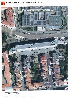 Mapa katastrálního území Žižkov zobrazující parcely č. 1713/12 a 1659/9. Mapa obsahuje ortofotomapu s vyznačenými hranicemi parcel a čísly popisnými/evidenčním…