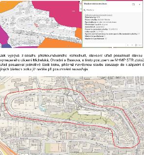 Dokument obsahuje mapové výřezy a text týkající se posuzování stavby vymezené ulicemi Michelská, Ohradní a Baarova. Horní část obsahuje detailní mapu s informa…