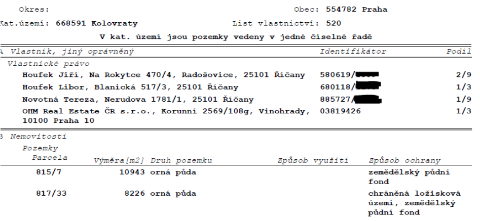 Výpis z katastru nemovitostí, List vlastnictví: 520, Obec: 554782 Praha, Katastrální území: 668591 Kolovraty. Vlastníci a jejich podíly: Houfek Jiří (2/9), Houfek Libor (1/3), Novotná Tereza (1/9), OHM Real Estate ČR s.r.o. (1/3). Seznam nemovitostí: Parcela 815/7, výměra 10943 m2, druh pozemku: orná půda, způsob ochrany: zemědělský půdní fond. Parcela 817/33, výměra 8226 m2, druh pozemku: orná půda, způsob ochrany: chráněná ložisková území, zemědělský půdní fond.