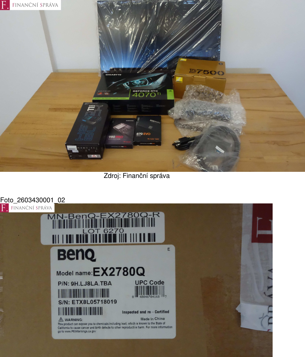 Fotografie elektroniky a vybavení (monitor BenQ, grafická karta Gigabyte, fotoaparát Nikon), které jsou předmětem dražby.