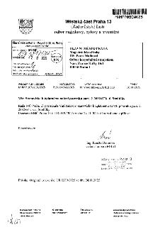 Úřední dopis Městské části Praha 13, odboru majetkového, bytového a investičního, ze dne 26. 11. 2025. Předmět: Stanovisko k úplatnému nabytí pozemku parc. č.…