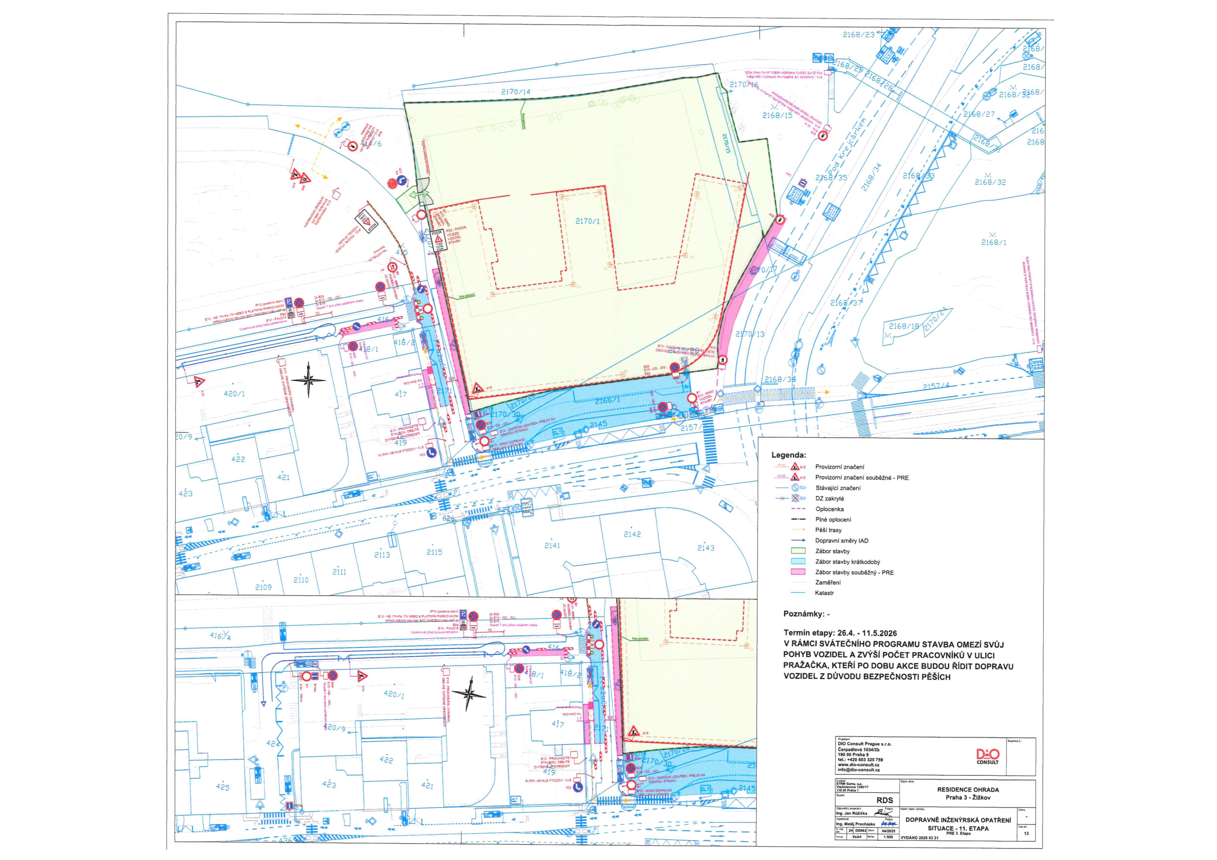 Koordinační situační výkres dopravního značení pro stavbu v Praze 3 - Žižkov.