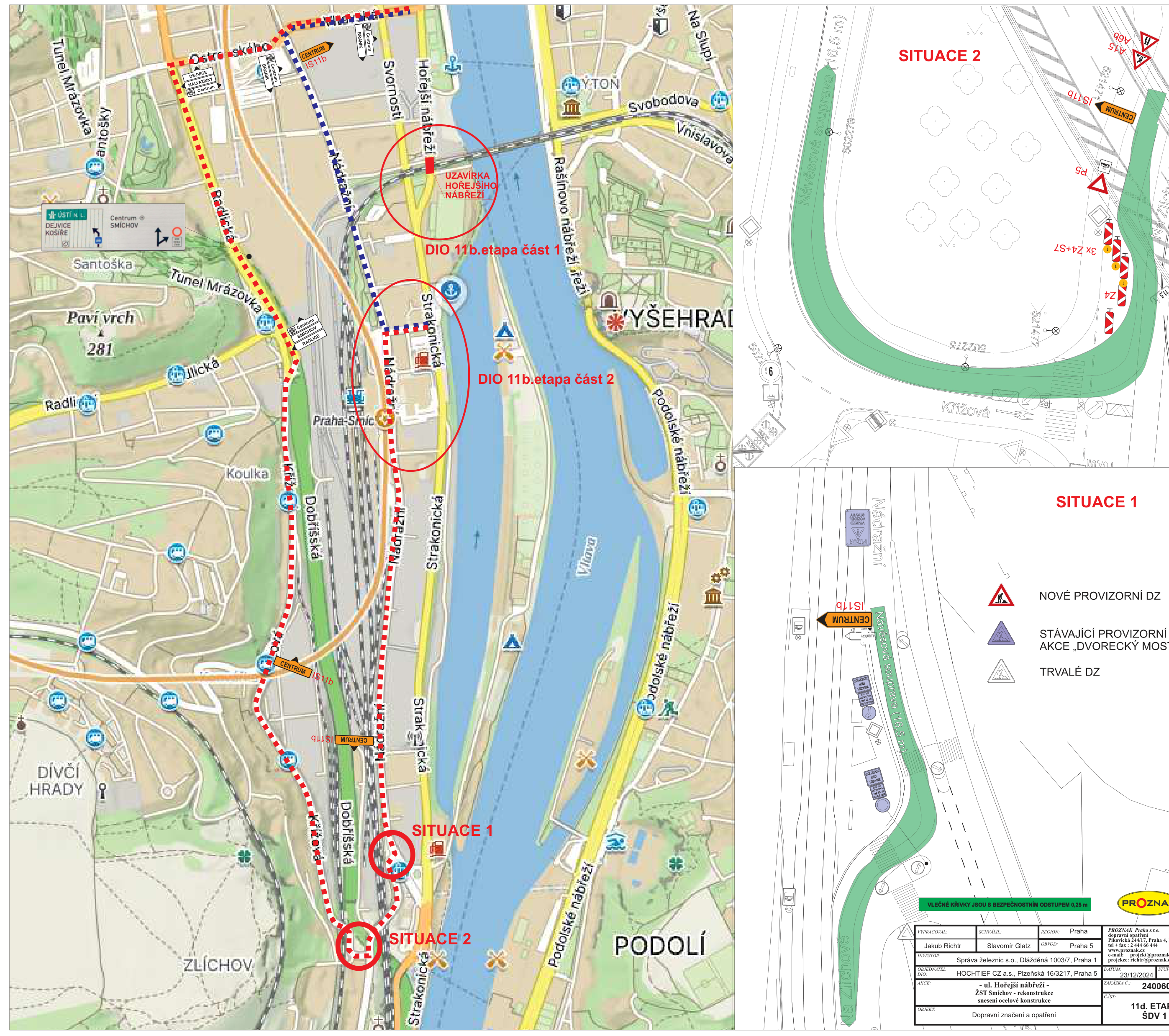 Mapa dopravního značení a situační nákresy pro rekonstrukci v oblasti Smíchova a Zlíchova.