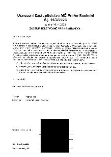 Usnesení Zastupitelstva MČ Praha-Suchdol č.j. 19/2/2026 ze dne 16. 4. 2026. Zastupitelstvo schvaluje zřízení služebnosti vedení inženýrské sítě (věcného břemen…