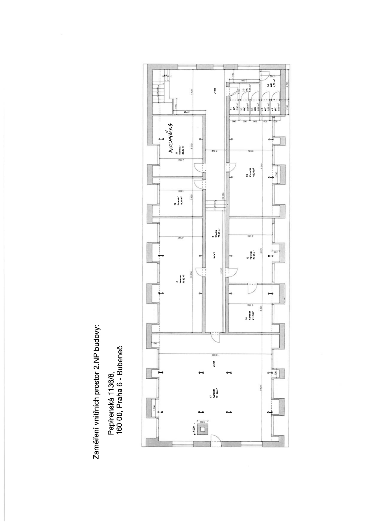 Půdorys podlaží (2. NP) budovy na adrese Papírenská 1136/8, Praha 6 - Bubeneč.
