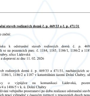 Úřední oznámení týkající se odstranění staveb rodinných domů č. p. 469/33 a č. p. 471/33. Stavby se nacházejí na pozemcích parc. č. 1184, 1185, 1186/1, 1186/2…