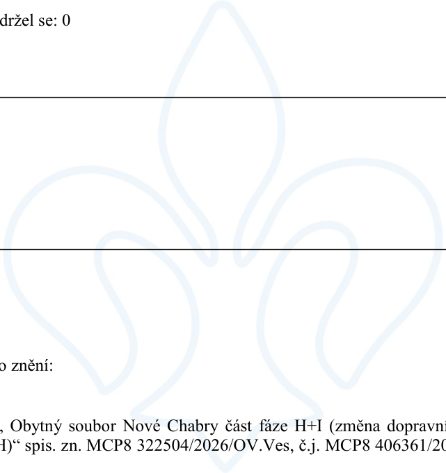 Úřední oznámení týkající se projektu 'Obytný soubor Nové Chabry část fáze H+I (změna dopravní H)', spisová značka: MCP8 322504/2026/OV.Ves, č.j. MCP8 406361/20. Text obsahuje informaci o počtu osob, které se zdržely hlasování (0).