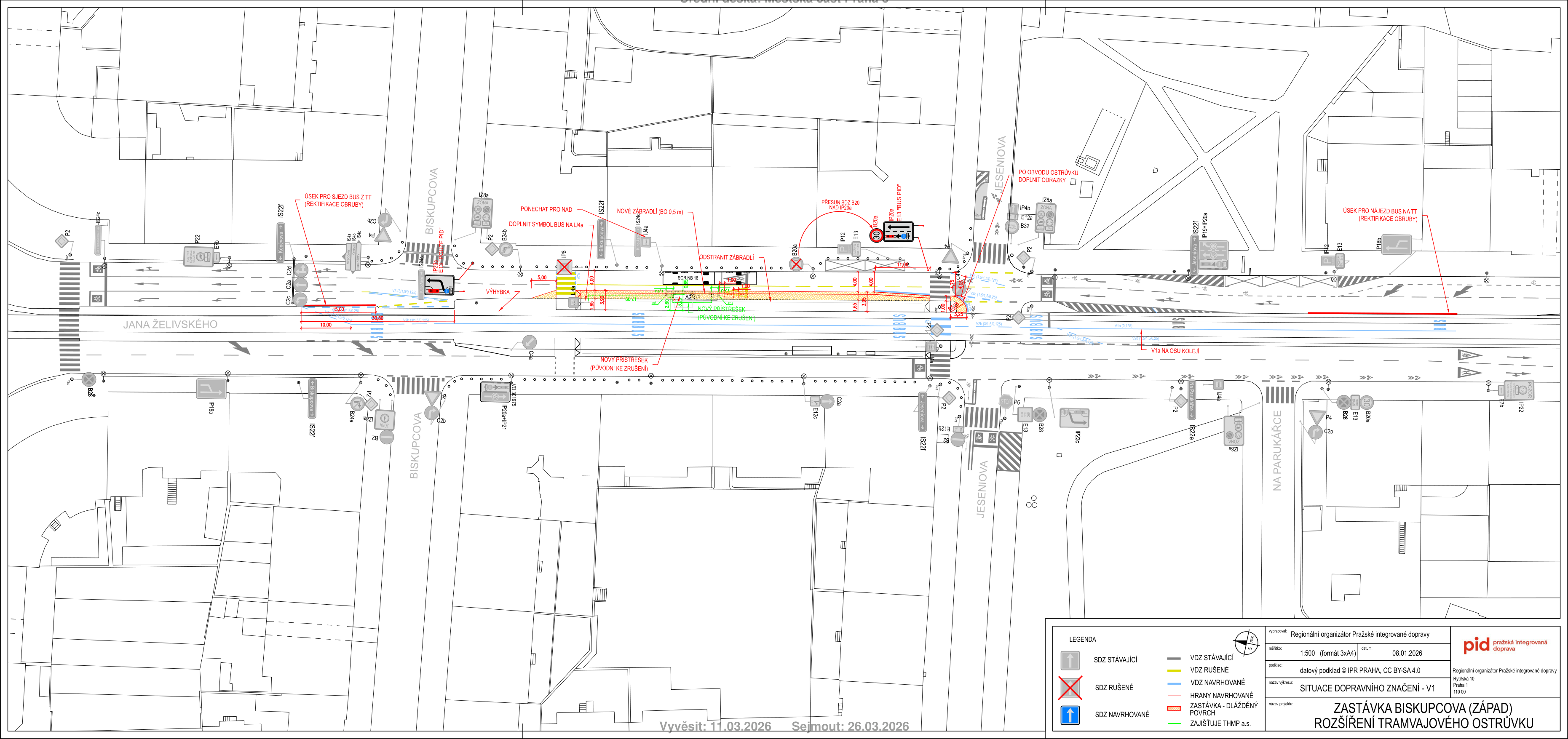 Projektová dokumentace a situační nákres úpravy tramvajové zastávky Biskupcova.