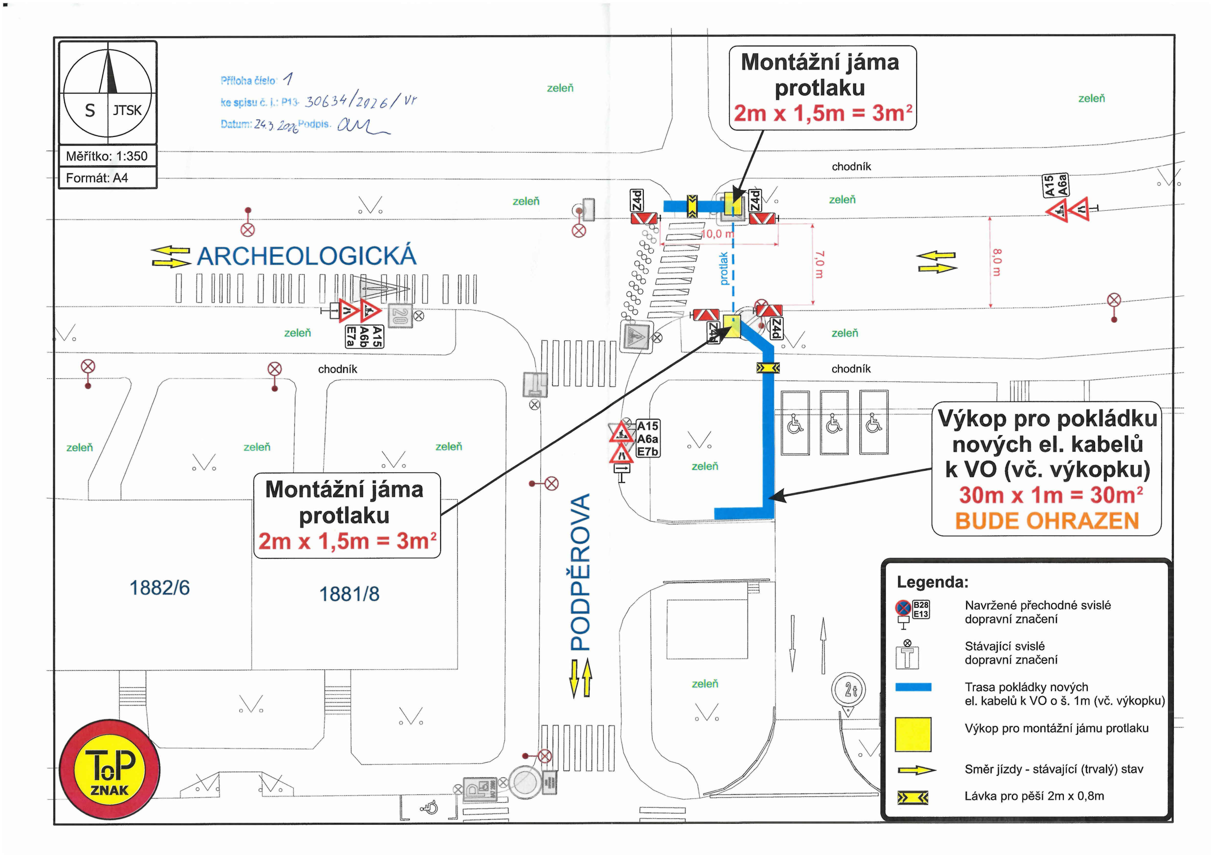 Situační nákres dopravního značení a výkopových prací pro pokládku elektrických kabelů.