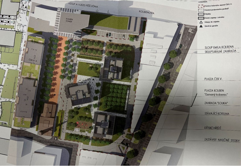 Koordinační situační výkres plánované zástavby s vyznačením jednotlivých ploch, budov a veřejných prostor.