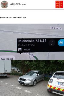 Fotodokumentace vozidla 06. 08. 2026. Mapa ukazuje lokaci Michelská 721/31, Praha 4, Praha, čas 11:28, ulice Pod farou, Michelská, Na střed. Dolní část zobrazu…