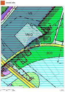 Výřez z územního plánu Prahy. Obsahuje grafické znázornění funkčních ploch (označení VS, VN-D, SD2-3, DU, SO3, NL) a dopravní infrastruktury (Radotínská ulice,…