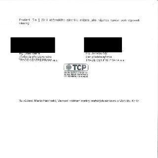 Oznámení o možnosti vznést námitky proti výpovědi dle § 2314 občanského zákoníku. Dokument je podepsán zástupci společnosti TRADE CENTRE PRAHA a.s. (Ing. Josef…