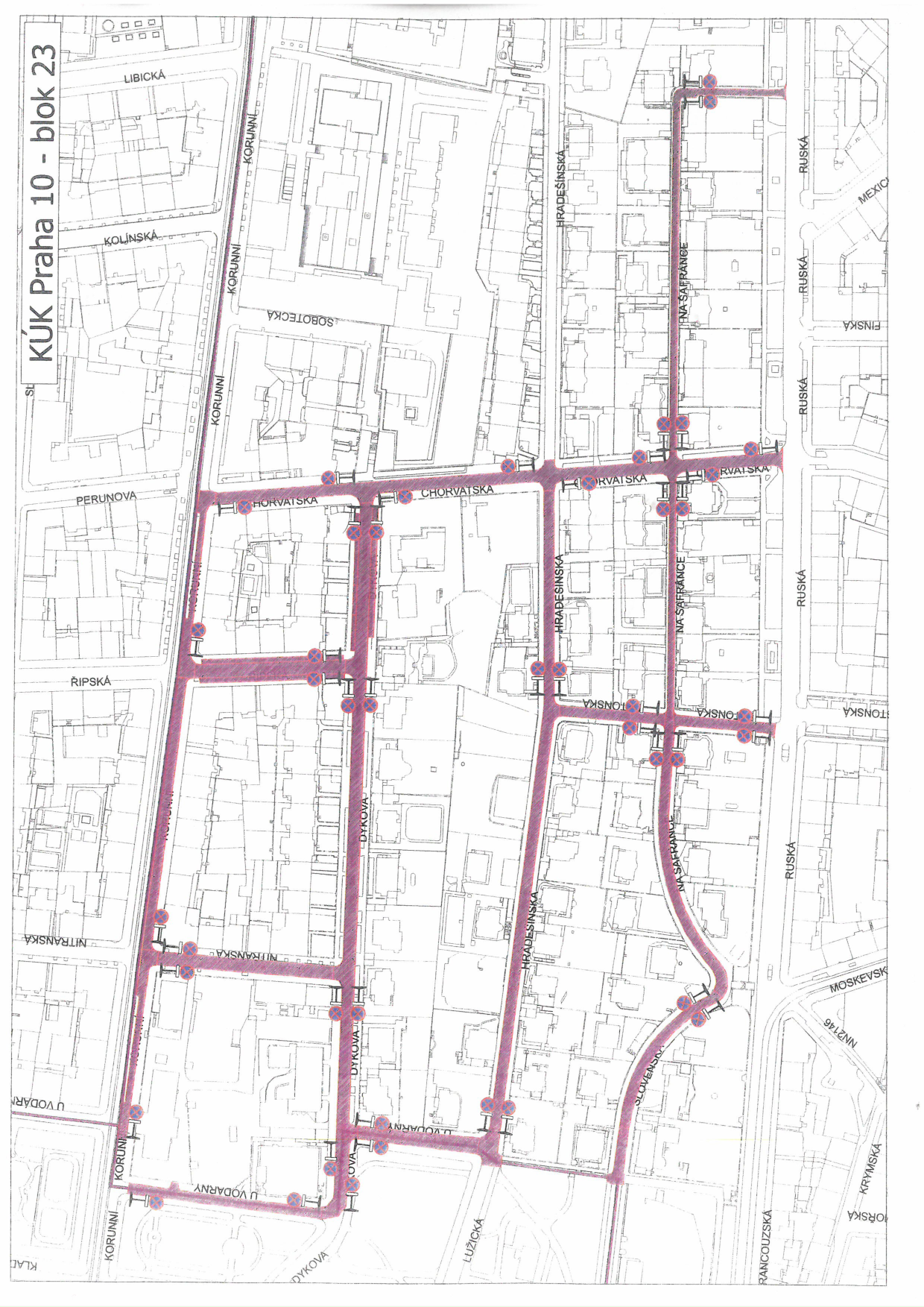 Schéma bloku 23 v Praze 10 se zvýrazněnými ulicemi a dopravním značením.
