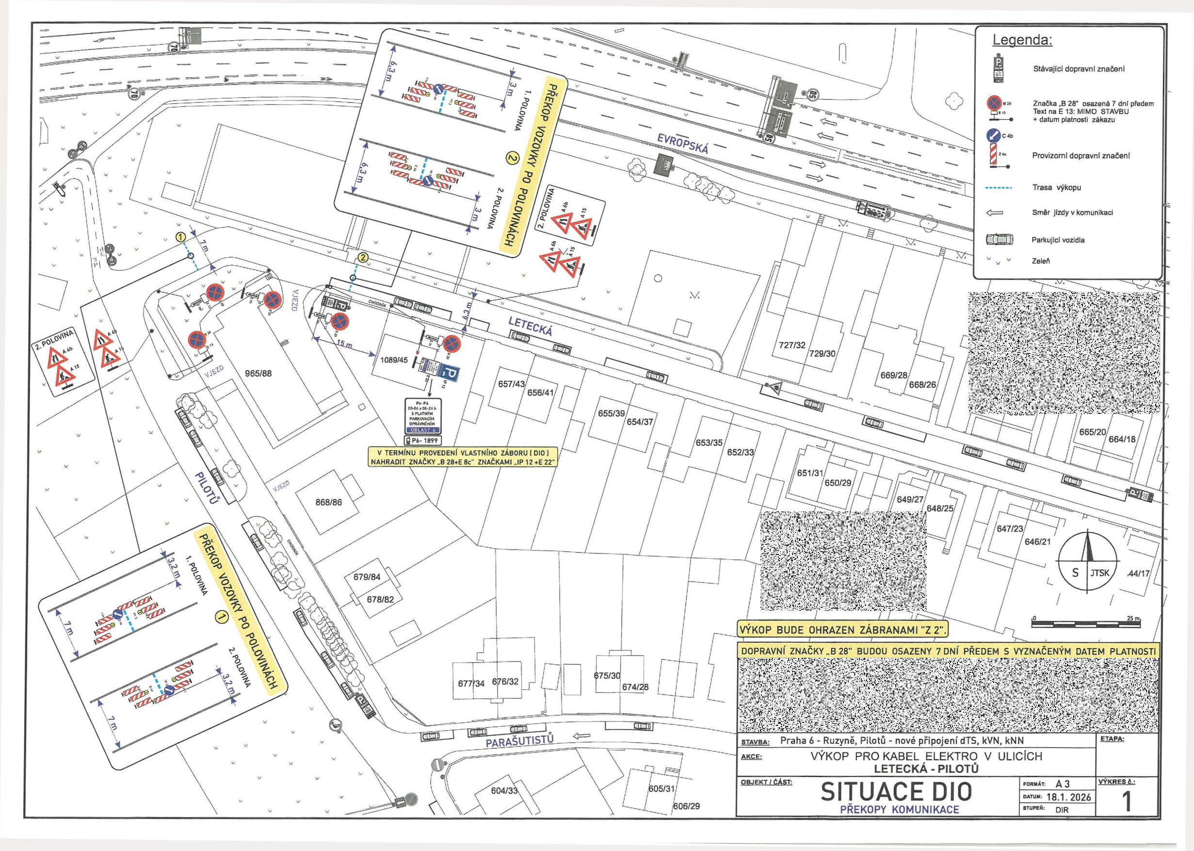 Situační nákres DIO (dopravně inženýrského opatření) pro výkopové práce v ulicích Letecká a Pilotů.