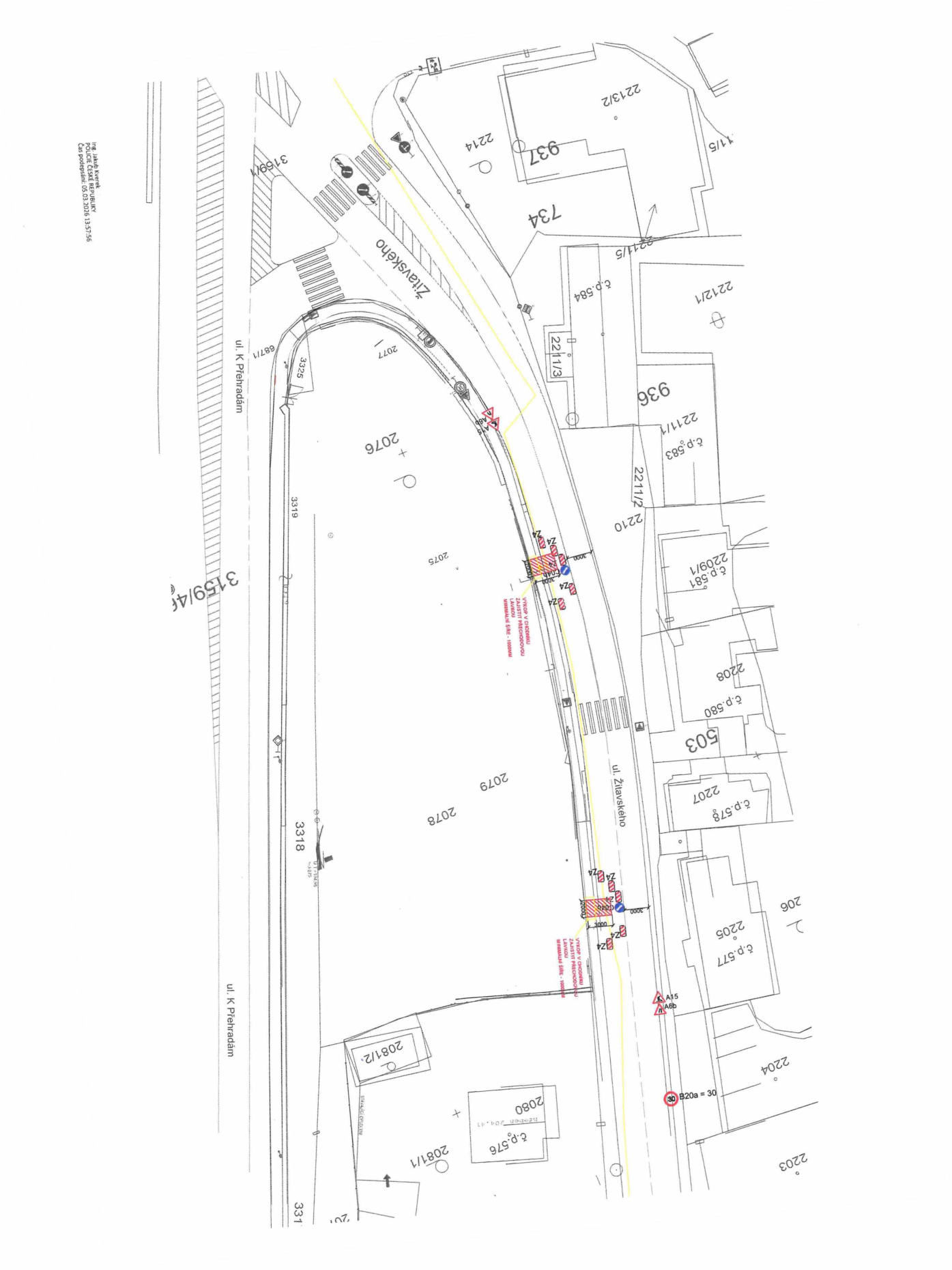 Koordinační situační výkres dopravního značení a výkopových prací na ulici Žitavského.