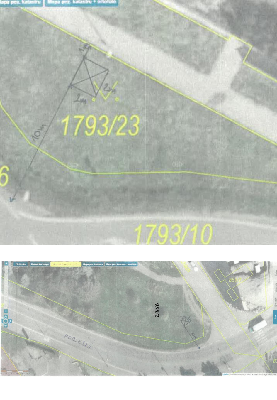 Výřezy z katastrální mapy s ortofotomapou a situačním nákresem umístění stavby na parcelách č. 1793/23 a 955/2.