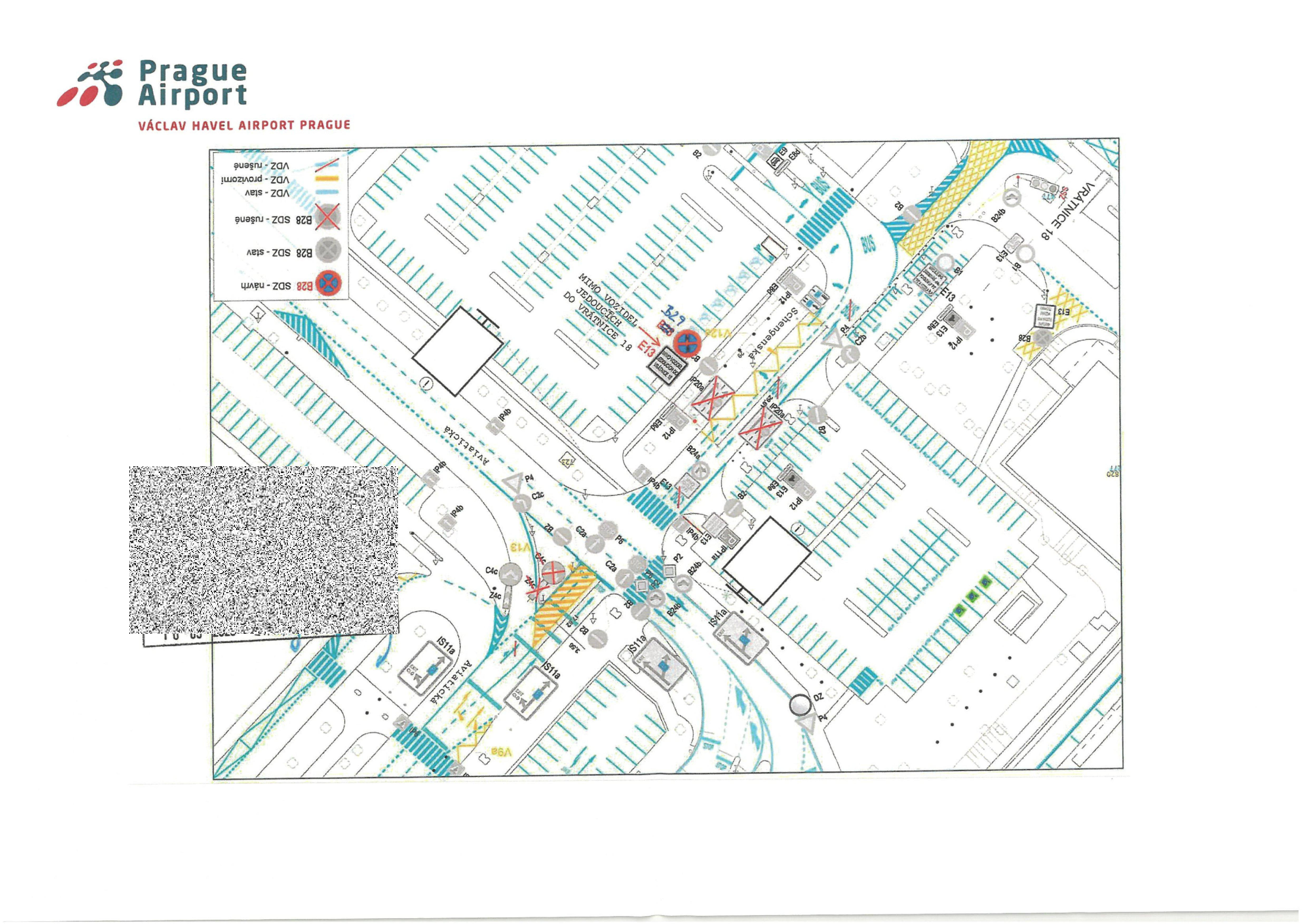 Situační plán dopravního značení v areálu Letiště Václava Havla Praha. Obsahuje legendu značek: VDZ - rušené (žlutá čára), VDZ - provizorní (modrá čára), VDZ - stav (bílá čára), B28 SDZ - rušené (červený přeškrtnutý kruh), B28 SDZ - stav (červený kruh), B28 SDZ - návrh (červený kruh). V mapě jsou vyznačeny ulice 'Aviatická' a 'Schengenská', vjezd 'VRÁTNICE 18', text 'MIMO VOZIDEL JEDOUCÍCH DO VRÁTNICE 18', parkoviště a různé dopravní značky (např. IP12, IS11a).