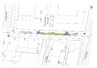 Situační nákres dopravního opatření v ulici Voděradská. Je zde vyznačena uzavírka nebo zábor (žlutě šrafovaná plocha o délce 40 m s označením 'VODĚRADSKÁ'). Ru…