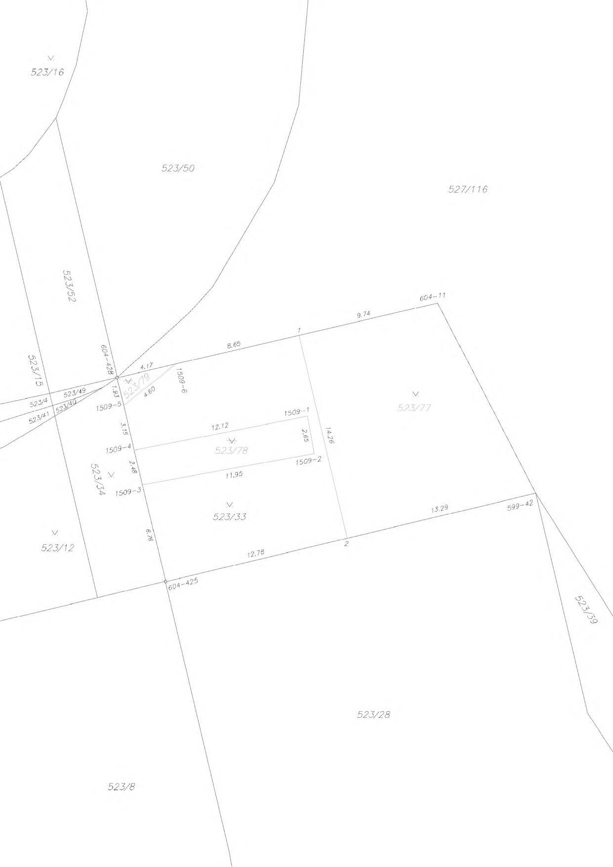 Výřez katastrální mapy zobrazující parcely a jejich hranice. Identifikovaná čísla parcel: 523/16, 523/50, 527/116, 523/52, 523/15, 523/4, 523/49, 523/41, 523/40, 523/79, 523/78, 523/34, 523/12, 523/33, 523/77, 523/39, 523/28, 523/8. Zobrazeny jsou také body a kóty hranic: 604-428, 1509-5, 1509-4, 1509-3, 604-425, 1509-6, 1509-1, 1509-2, 604-11, 599-42, 2. Uvedené délky hranic zahrnují hodnoty: 4.17, 4.60, 3.15, 2.48, 6.76, 8.65, 12.12, 11.95, 12.78, 2.65, 14.26, 9.74, 13.29.