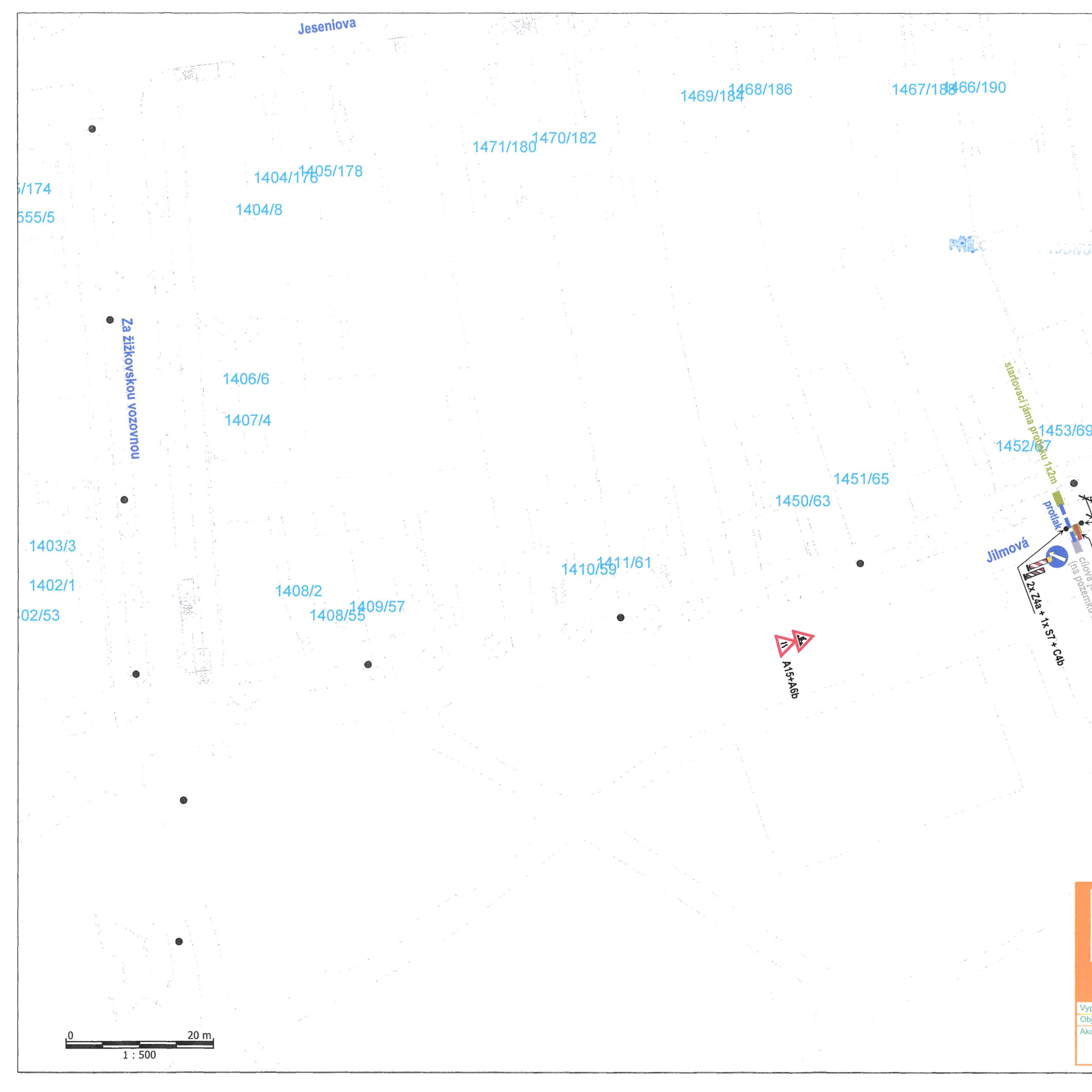 Situační nákres stavby s vyznačenými parcelami a plánovaným protlakem v ulici Jilmová.
