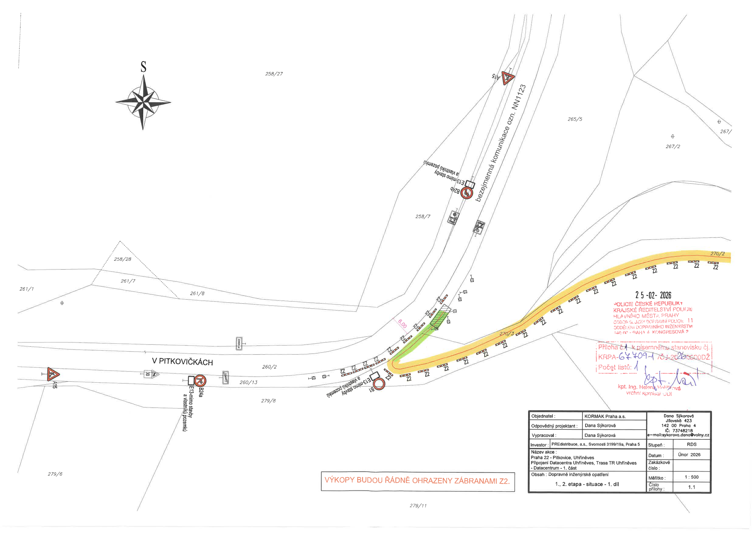 Koordinační situační výkres dopravního značení pro stavbu inženýrských sítí.