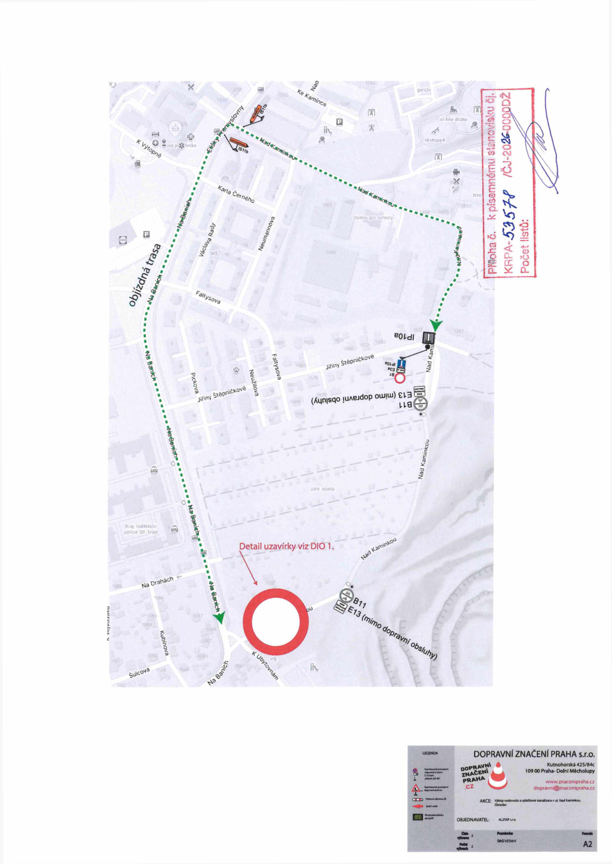 Situační nákres objízdné trasy a dopravního značení v souvislosti s uzavírkou komunikace.