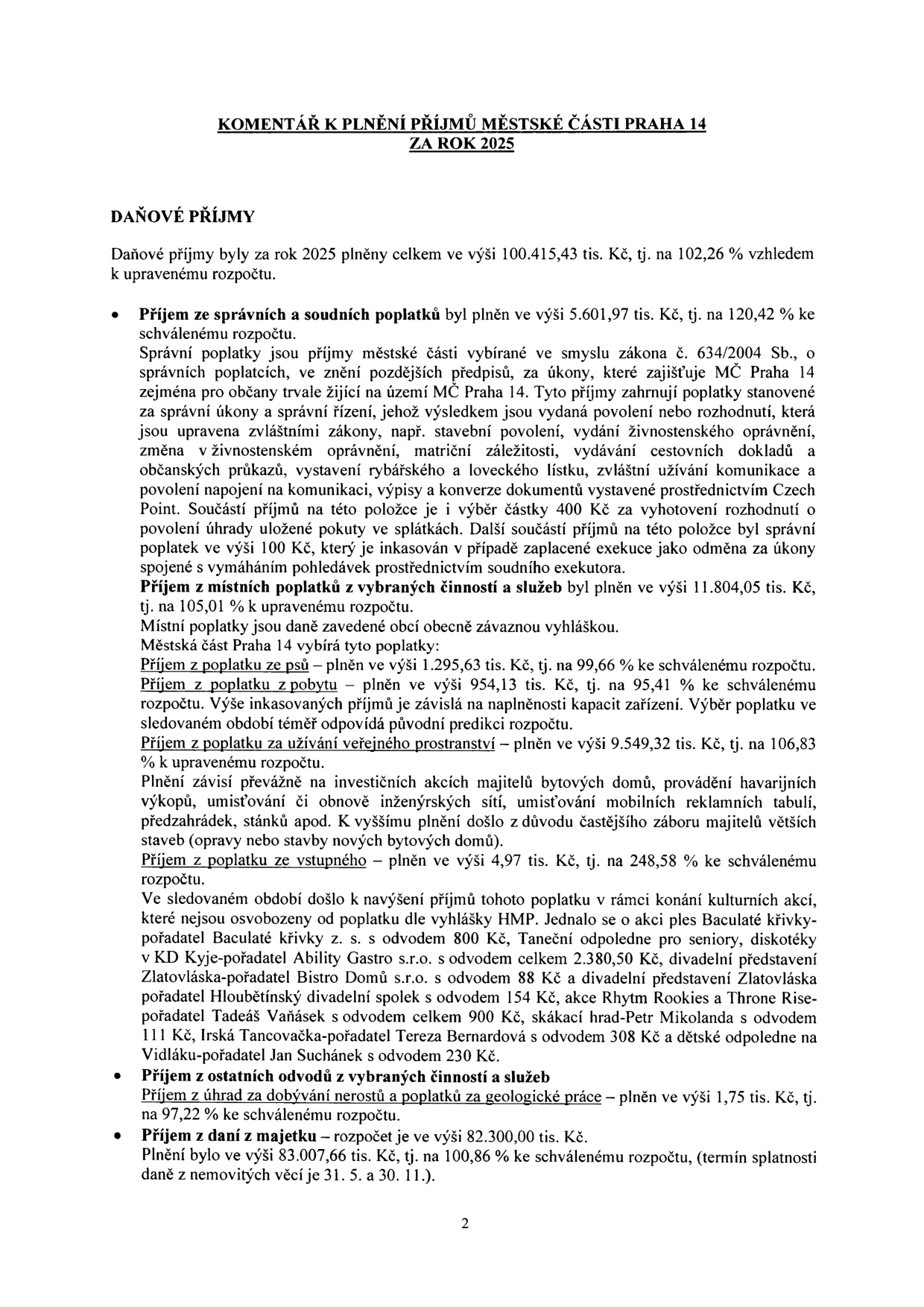 Komentář k plnění příjmů Městské části Praha 14 za rok 2025. Daňové příjmy byly plněny v celkové výši 100.415,43 tis. Kč (102,26 % rozpočtu). 1. Správní a soudní poplatky: 5.601,97 tis. Kč (120,42 % rozpočtu). 2. Místní poplatky z vybraných činností a služeb: 11.804,05 tis. Kč (105,01 % rozpočtu), z toho: poplatek za psy 1.295,63 tis. Kč (99,66 %), poplatek za pobyt 954,13 tis. Kč (95,41 %), poplatek za užívání veřejného prostranství 9.549,32 tis. Kč (106,83 %), poplatek ze vstupného 4,97 tis. Kč (248,58 %) – podrobný výčet akcí (ples Baculaté křivky, taneční odpoledne, diskotéky, divadelní představení, skákací hrad, dětské odpoledne). 3. Ostatní odvody z vybraných činností a služeb: úhrada za dobývání nerostů a poplatky za geologické práce 1,75 tis. Kč (97,22 %). 4. Daně z majetku: 83.007,66 tis. Kč (100,86 % rozpočtu).